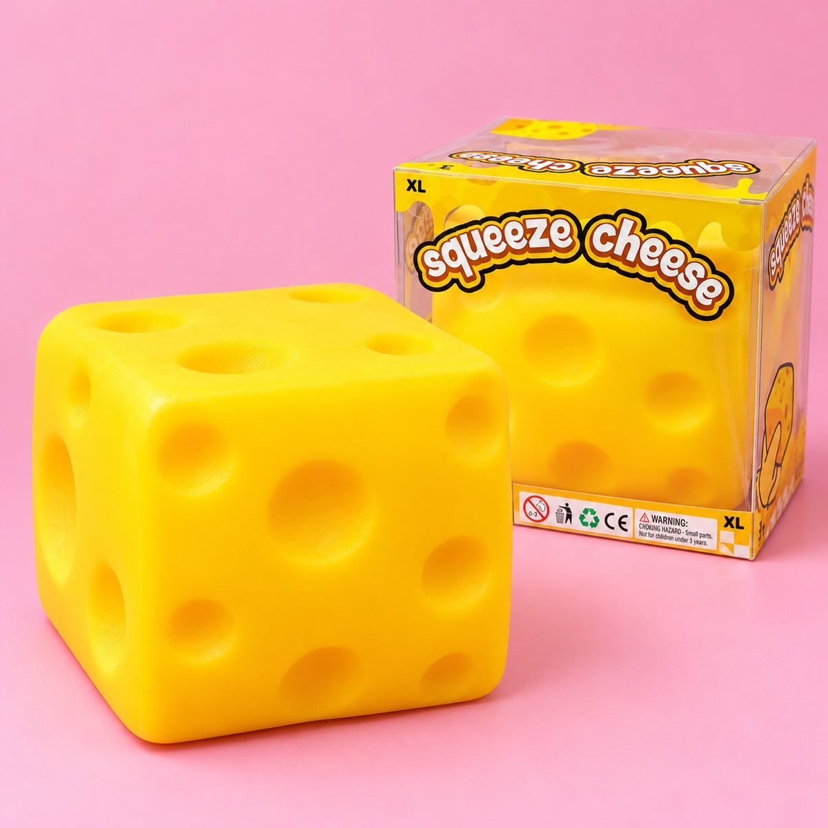 Cheese Squishy XL – gelber Käsewürfel mit Verpackung