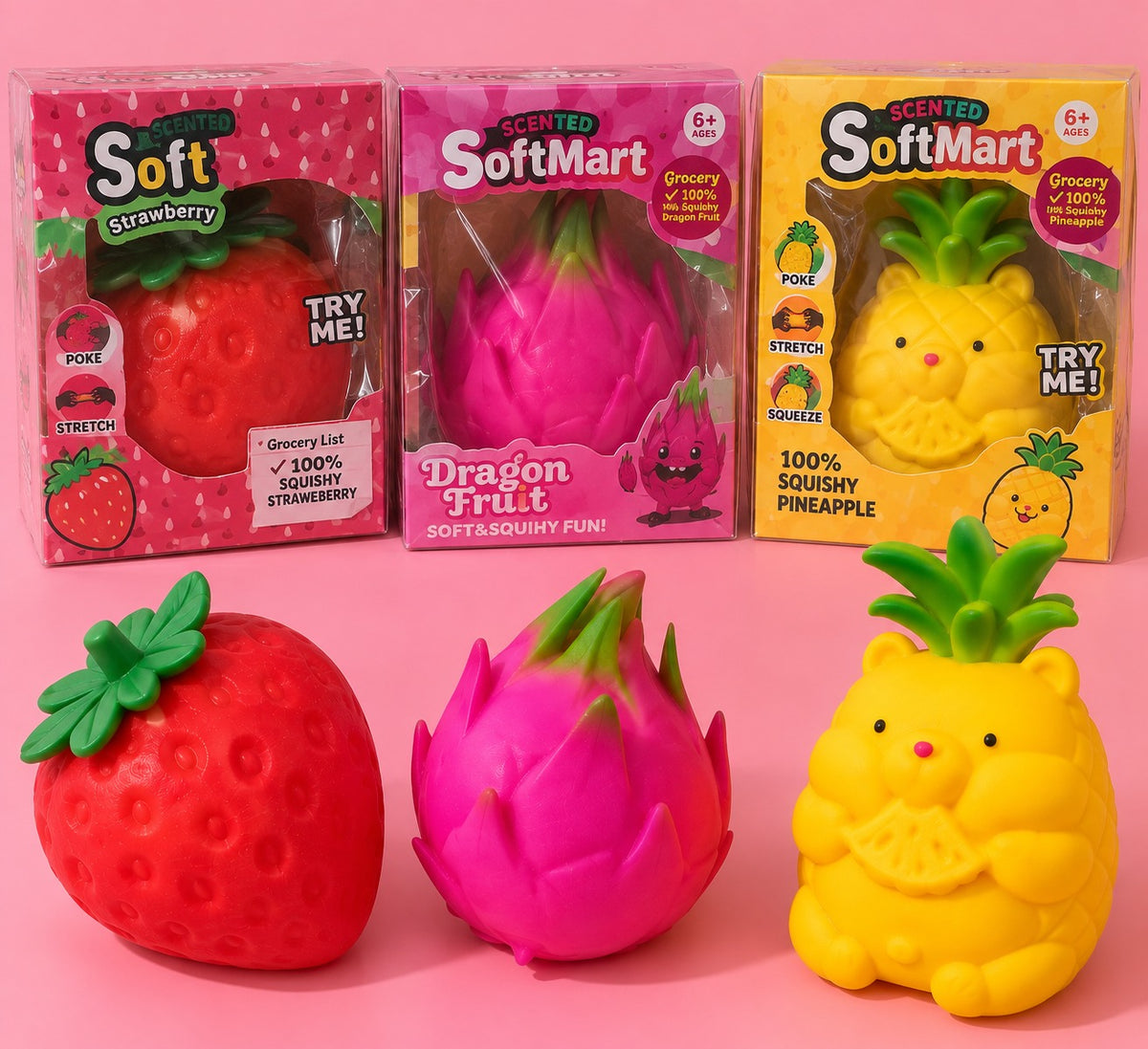 Früchte Squishy XL – Erdbeere, Drachenfrucht und Ananas